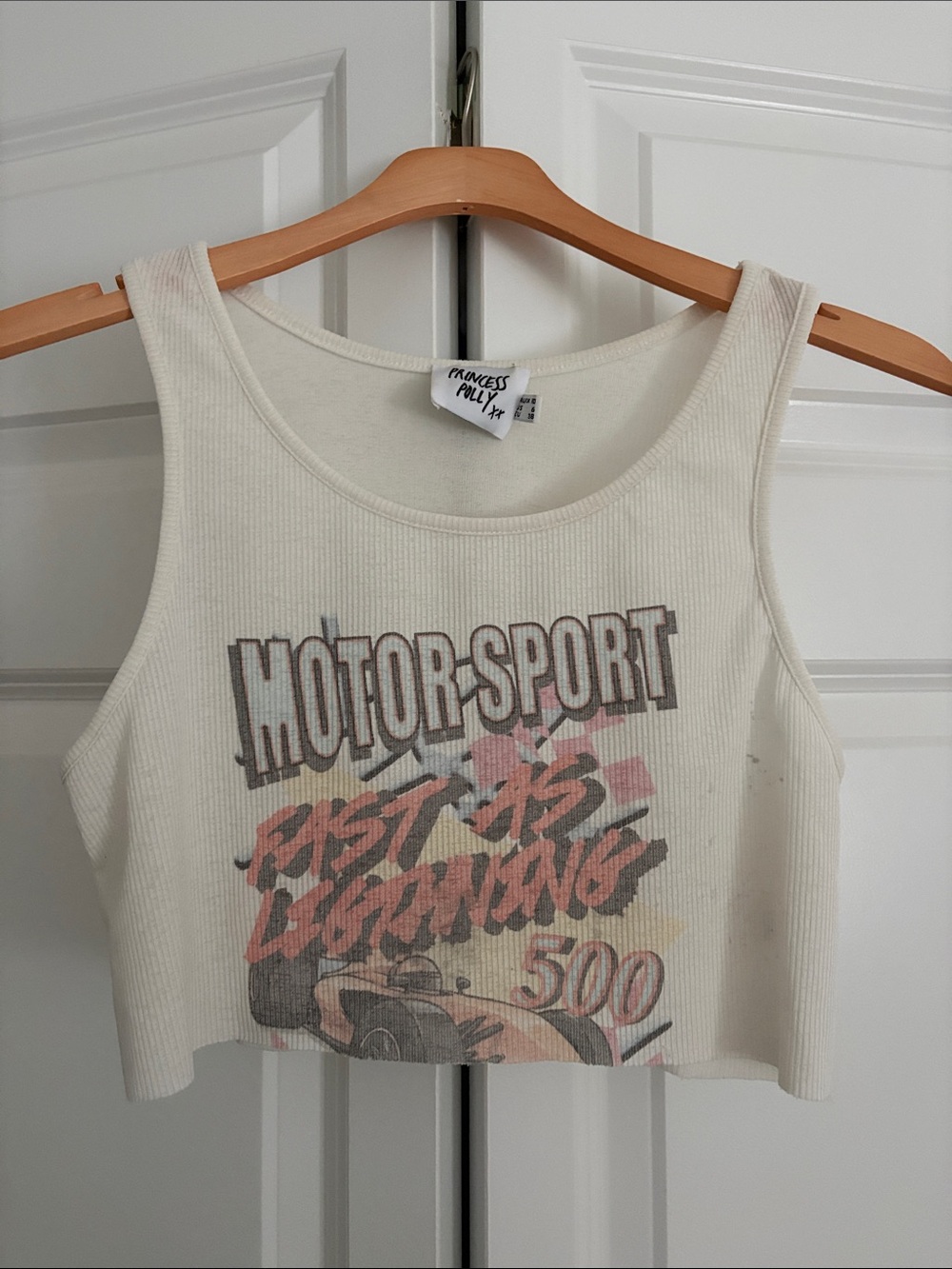 Princess Polly Cream Ribbed 'Motor Sport' Graphic Crop Tank